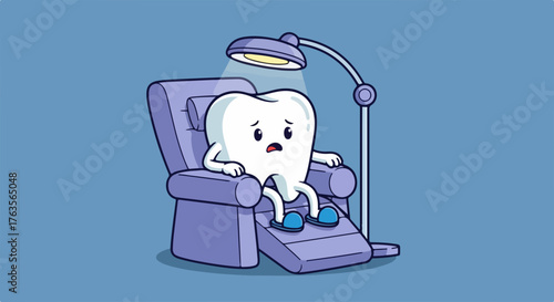 Cartoon tooth in dental chair, sitting sadly under lamp. Dibujo animado de diente en sillón dental, sentado tristemente bajo la lámpara depicts cute, but anxious character in lavender dentist's chair,