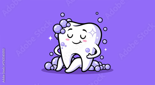 Happy tooth character illustrating dental care. Clean white molar with sparkling enamel, surrounded by soap bubbles, promotes daily dental care.