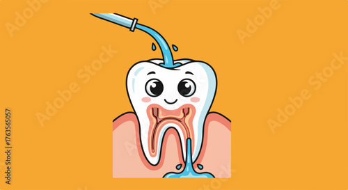 Cute cartoon tooth illustration representing dental care with water flowing into it, symbolizing healthy oral hygiene. Dental care concept for pediatric dentistry and oral health education.