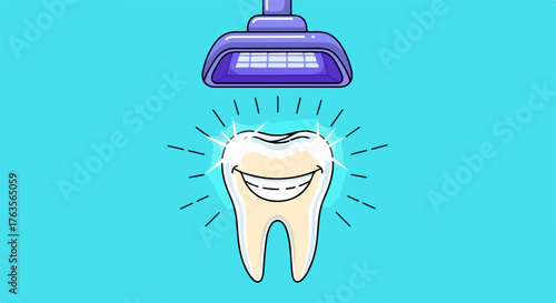 Professional tooth whitening procedure with special ultraviolet light above smiling human tooth on bright blue background. Dental tooth whitening for improved oral hygiene,