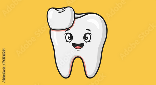 Cute dental crown illustration on tooth with happy face for children's dentistry. Dental crown procedure showing healthy tooth with protective cap. Concept dental crown for clinic advertising,