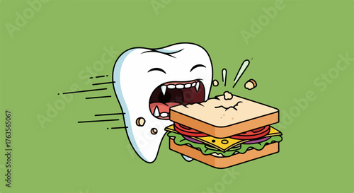 Cartoon tooth health character biting fresh sandwich with cheese, tomato, and lettuce. Happy tooth health illustration showing food consumption and good eating habits for strong teeth.