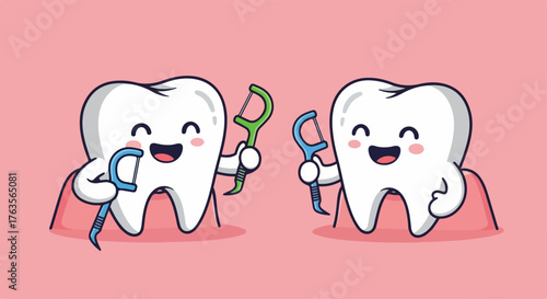 Two happy cartoon teeth hold dental floss picks, concept of dental hygiene, oral health, and daily care for strong teeth.