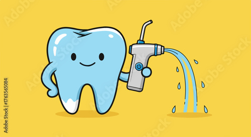 Cheerful cartoon tooth character holds water flosser, squirting water to demonstrate importance of dental hygiene and oral care. Illustration promotes healthy habits and preventative dentistry.