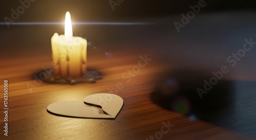 Broken paper heart next to a lit candle on a wooden table in darkness, symbolizing loss, grief, or failed relationships.