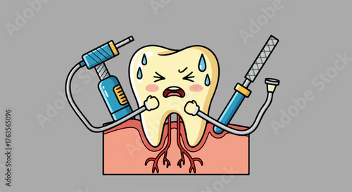 Cartoon tooth character appears distressed and sweating while surrounded by dental instruments. This represents dental fear, oral pain, or the importance of dental care.