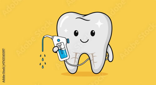 Tooth care scene featuring shiny tooth character with water flosser for cleaning teeth. Tooth care illustrated by tooth character holding flosser to demonstrate water cleaning for good oral hygiene.