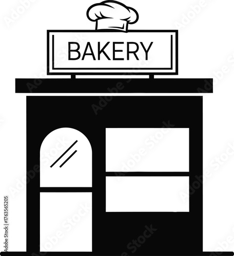 Black and White Bakery Shop Storefront Icon with Chef Hat Sign Minimal Vector Illustration