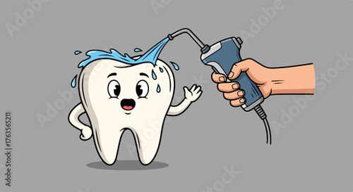 Cartoon tooth character receiving dental care from water spray. Hand holding dental tool provides refreshing dental care to surprised tooth mascot. Concept dental care for oral hygiene campaigns,