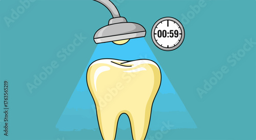 Cartoon tooth whitening with special lamp during treatment for teeth. Cartoon tooth looks attractive. Concept cartoon tooth whitening for dental care and healthy tooth illustration,