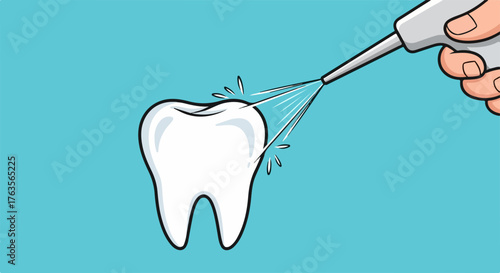 Dental procedure shows professional hand spraying water on healthy white tooth. Dental procedure highlights importance of oral health, plaque removal, gum care. Dental procedure concept for clinics,
