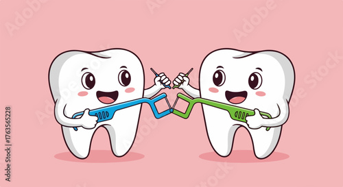 Adorable cartoon teeth characters happily holding blue and green dental floss picks, showcasing importance of oral care.