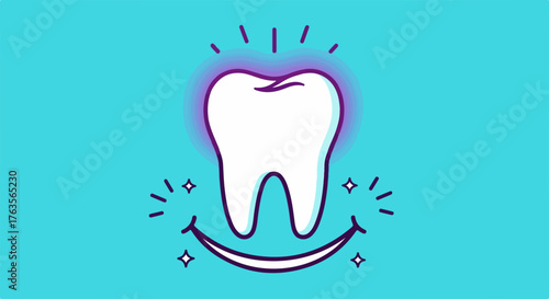 Bright healthy tooth with glowing aura and clean smile on blue background. Happy healthy tooth represents oral hygiene, dental health, and fresh breath.