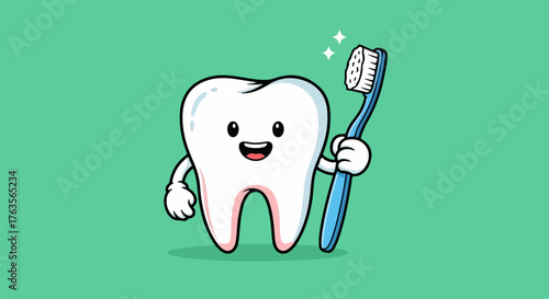 Happy healthy tooth character smiling and holding toothbrush on green background. Clean healthy tooth design represents dental care and oral health.