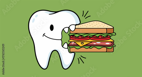 Cartoon tooth eating sandwich, illustrating dental health concept on green background. Happy tooth eating sandwich enjoys delicious meal, promoting strong teeth and good nutrition.