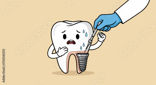 Cartoon tooth undergoing dental implant procedure with surgical tools, depicting a fearful and anxious expression. Dental implant treatment being done by doctor.