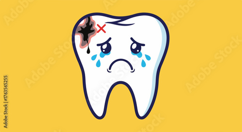 Cartoon cavity tooth crying with dark spot and red cross mark. Painful cavity tooth represents urgent dental issue, health concern, and treatment need. Concept cavity tooth for oral health awareness,