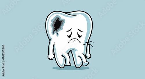 Sad cartoon tooth illustrating tooth decay on light blue background, depicting serious dental problem. Distressed character highlights painful tooth decay,