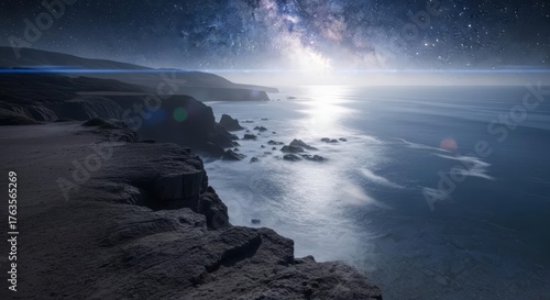 Majestic starry night sky with the Milky Way over a rugged, moonlit coastline with ocean waves crashing and reflections.
