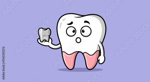 Surprised tooth cartoon character holds small lost tooth, illustrating a dental health issue. Concerned tooth cartoon character depicts tooth decay or a missing tooth,