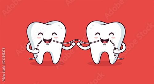Cute cartoon teeth using dental floss on vibrant red background for essential oral hygiene. Happy tooth characters demonstrate proper dental floss technique, smiling cheerfully.