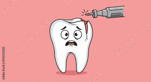 Cartoon tooth decay being drilled, tooth decay needs dental work, and it's painful. Cartoon tooth requires attention from dentist. Cartoon tooth decay illustration for a dental awareness campaign.