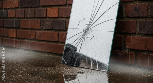 Broken and shattered mirror leaning against a red brick wall in heavy rain, reflecting puddles and creating a dramatic mood.