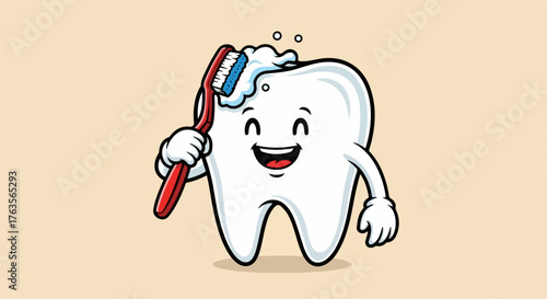 Happy cartoon tooth performing dental hygiene with red toothbrush and foaming toothpaste. Essential dental hygiene maintains oral health, prevents cavities, promoting clean mouth.