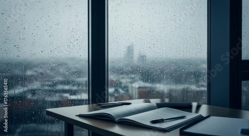 Desk with an open notebook and pens by a window with raindrops, overlooking a rainy city skyline, melancholic workspace.