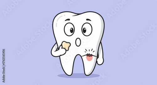 Cartoon tooth surprised by cavity and holding cookie crumbs, cartoon tooth with an expression of shock. A cartoon tooth discovers cavity after eating sweets, promoting importance oral hygiene.