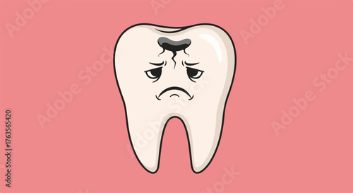 Decayed tooth with sad expression, prominent crack, dark cavity, depicting serious oral health issues. Unhealthy decayed tooth showing significant enamel and dentin deterioration.
