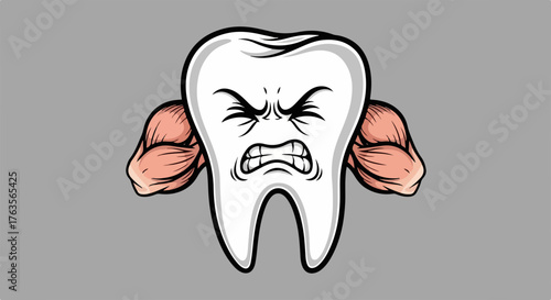 Strong tooth with muscular arms expressing power and health on gray background. Strong tooth represents dental health and might, symbolizing strength and care, showing great condition.