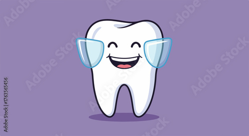 Smiling tooth wearing glasses on purple backdrop. Cute tooth character with glasses and a happy expression, symbolizing dental care and good vision,