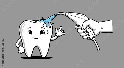 Illustration depicting dental care, cartoon tooth character enjoying a refreshing rinse from a water flosser held by human hand. Good dental care practices promote healthy oral hygiene.