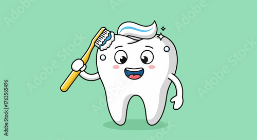 Cartoon tooth character smiles while brushing with toothpaste and toothbrush for dental care. Dental care includes regular brushing to maintain healthy gums and teeth.