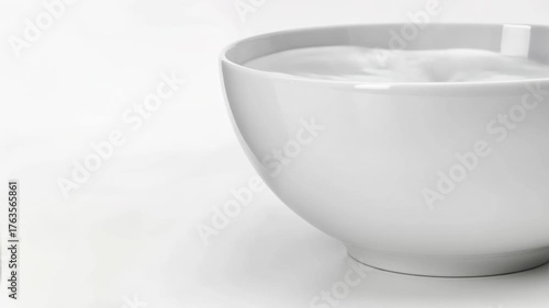 Fresh milk pouring in a white ceramic bowl on copyspace background.