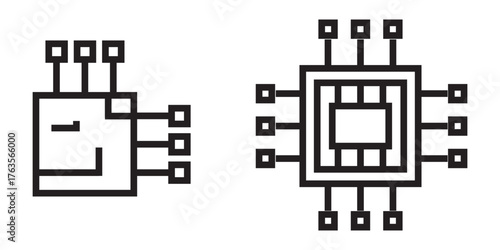 Microprocessor chip line icons set isolated on transparent background. Flat digital circuit and data symbols for UI, app, web, and electronic projects. Editable stroke.