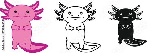 Axolotl cartoon vector illustration set pink black outline