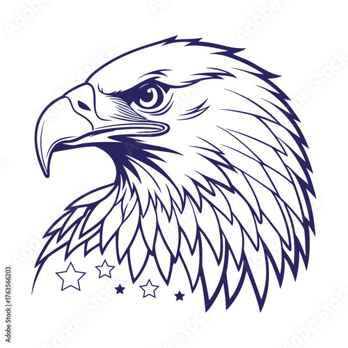 Bald eagle head close-up, bold line art style, vector icon for logo or emblem