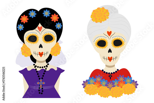 Females Sugar Skulls Younger and Elderly Woman with Marigolds in Hear Day of The Dead Cute Character