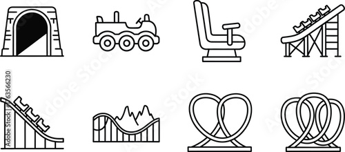 Roller coaster amusement park ride vector line icon set design