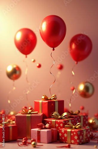 Bright red and gold balloons floating above a mountain of wrapped gifts, a festive atmosphere.