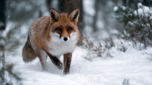 An alert red fox walks through a snow covered forest in winter