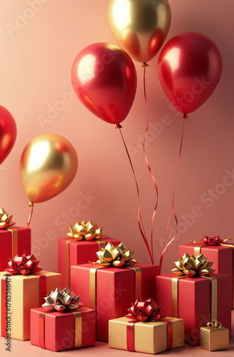 Bright red and gold balloons floating above a mountain of wrapped gifts, a festive atmosphere.
