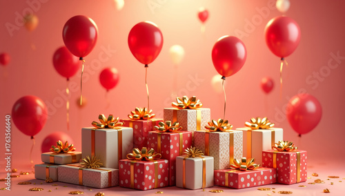 Bright red and gold balloons floating above a mountain of wrapped gifts, a festive atmosphere.