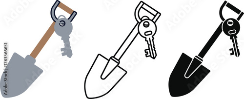 Shovel and keys vector illustration digging up secret concept