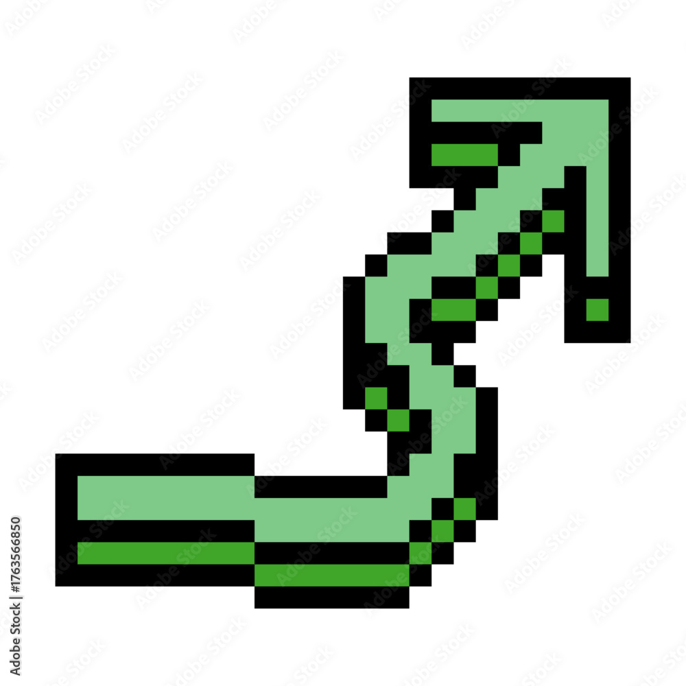 Fototapeta premium Green arrow cursor with pixel art isolated on white background