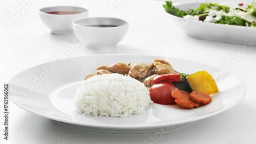 Delicious meal featuring rice, chicken, and colorful vegetables served on a white plate in a bright setting.