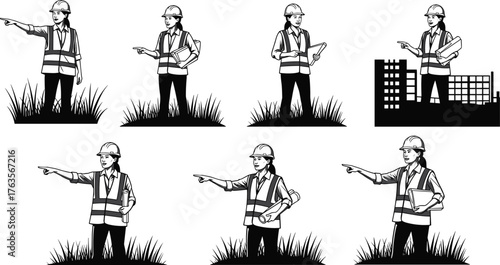 Silhouette vector illustration of construction workers with safety helmets and vests holding blueprints, clipboards, pointing, supervising, teamwork, inspection, planning, and industry