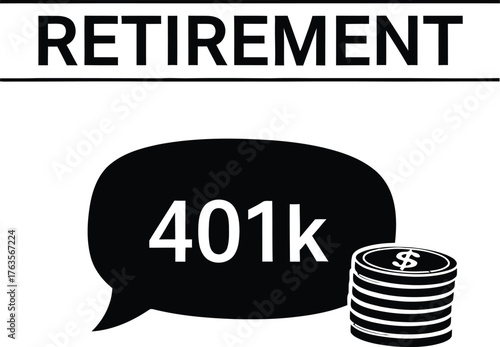 401k Retirement Plan Savings Icon with Money Stack Black and White Vector Graphic